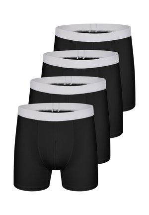 Set van vier zwarte boxershorts voor mannen met witte elastische taillebanden, gerangschikt in een verschoven rij op een witte achtergrond.