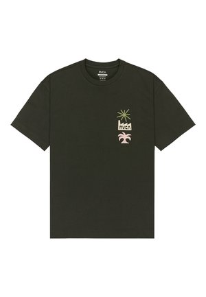 Dark green short-sleeve relaxed fit T-shirt with small chest graphic of green sunburst, beige factory shape with "RVCA," and pink palm tree.