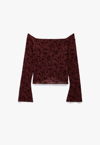 Bordowa bluzka hiszpanka z długimi rękawami, z czarnym wzorem kwiatowym na półprzezroczystym materiale i rozkloszowanymi końcami rękawów.