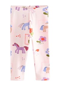 Rózsaszín leggings, amelyen színes ló- és virágminta található, puha anyagból készült, sima tapintású, és rugalmas derékrésszel rendelkezik.
