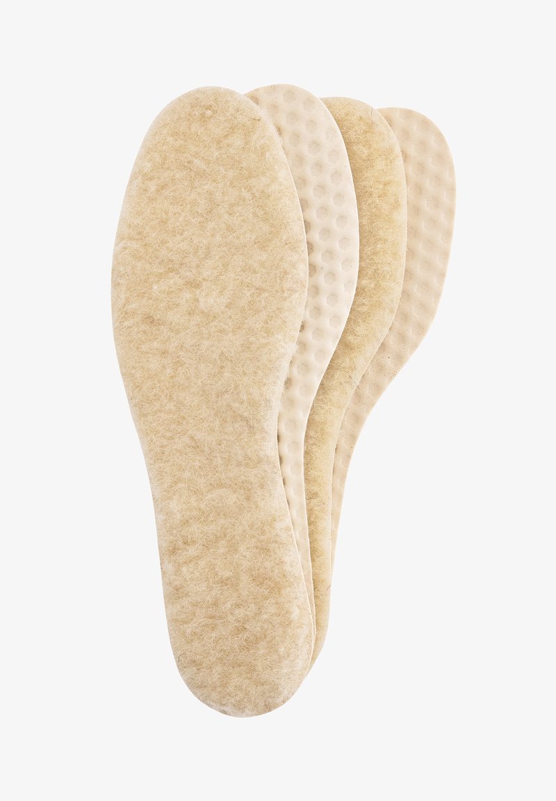 Three beige insoles stacked, featuring a soft, textured fabric on top with a patterned, slightly raised underside for added grip.