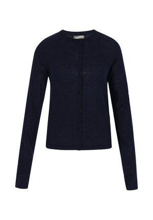 Granatowy kardigan z lekkiego materiału, z długimi rękawami, okrągłym dekoltem oraz rzędem sześciu pasujących guzików z przodu.