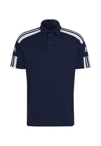 Polo shirt blu navy con colletto, patta con tre bottoni e strisce bianche sulle spalle. Presenta un logo Adidas sul maniche sinistra.