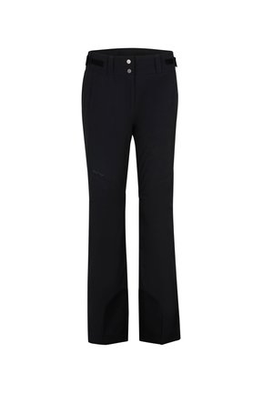 Black ski pants with a smooth texture, featuring a straight leg design, two buttons at the waist, and reinforced side panels.