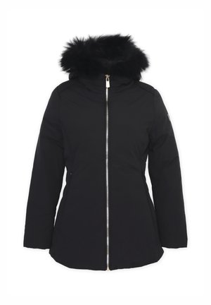 Giacca invernale nera con cappuccio in pelliccia sintetica, chiusura con zip, due tasche laterali e texture imbottita per il calore. Nota: presenta un tessuto liscio.