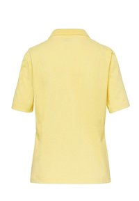 Gelbes Polohemd mit kurzen Ärmeln und Kragen, aus glattem Baumwollstoff gefertigt und mit einem schlichten, einfarbigen Design ohne Muster oder Akzente.