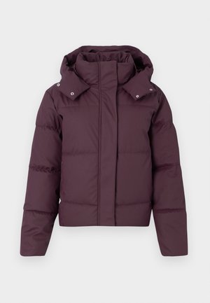 Puffer jacket in deep purple, featuring a high collar, detachable hood, and snap closures. Smooth texture with horizontal quilting detail.