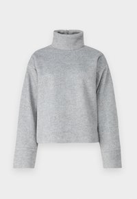 Grå, kortet turtleneck-genser laget av et mykt, teksturert stoff. Har lange ermer med en avslappet passform og minimal sømdetaljer.