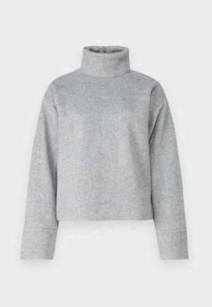 Gray, cropped turtleneck sweater made from a soft, textured fabric. Features long sleeves with a relaxed fit and minimal seam details.