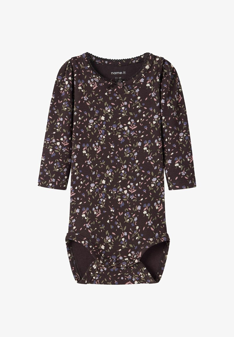 Body bébé marron foncé à manches longues avec un petit motif floral rose, violet et vert, doté d'un col rond et de boutons-pression en bas.