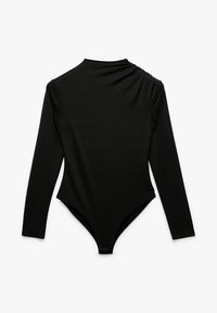 Musta pitkähihainen bodysuit, jossa on korkea kaulus ja epäsymmetrinen olkapäädesign. Valmistettu sileästä ja joustavasta kankaasta, jossa on thong-leikkaus takana.
