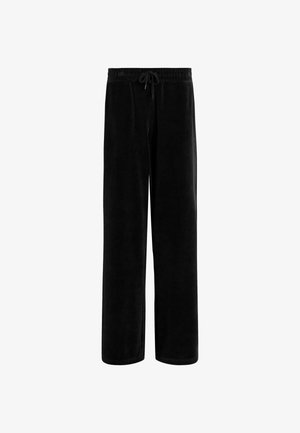 Zwarte fleece lounge broeken met een losse pasvorm, elastische tailleband en trekkoord. Zachte textuur en rechte pijpen.