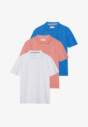 Trys polo marškiniai: balti, koraliniai ir mėlyni. Ypatybės: trumpomis rankovėmis, apykaklės dizainu ir vientisos spalvos.