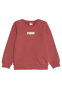 Sudadera roja de cuello redondo hecha de una mezcla de algodón. Presenta un logo blanco de "PUMA" en la parte delantera, con puños y dobladillo acanalados.