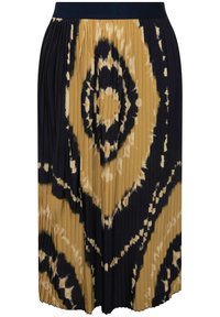 Plisserad kjol med ett marinblått och beige ikatmönster, med ett bekvämt midjeband och textil med struktur. Längden når mitt på vaden.