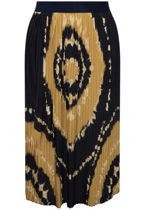 Pleated hame, joka esittelee laivastonsinisen ja beige-ikate kuvion, jossa on mukava vyötärö ja teksturoitu kangas. Pituus ulottuu sääreen.