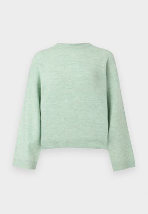 Svetlozelený, skrátený sveter vyrobený z mäkkej úpletovej látky; má dlhé, široké rukávy a okrúhly výstrih s rebrovanými okrajmi.