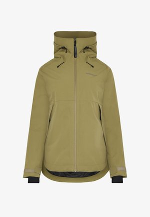 Oliivroheline veekindel jakk kõrge kaelusega, reguleeritava kapuutsiga, lukuga taskutega ja võrkkattega. Omab rinna peal peent logo.