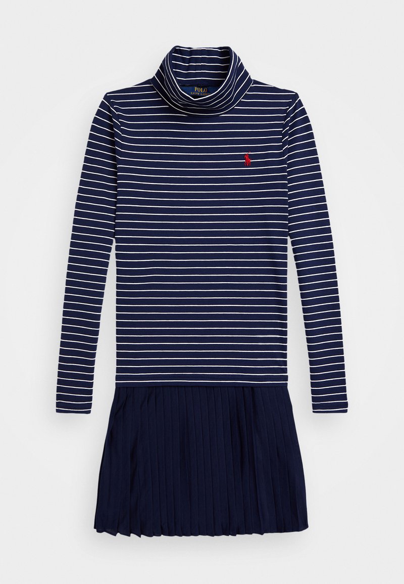 Ναυτικό φορεμά με ρίγες και σχέδιο μπολέρου, διαθέτει λευκές οριζόντιες ρίγες και πλισέ φούστα, κατασκευασμένο από μαλακό, ελαστικό ύφασμα.