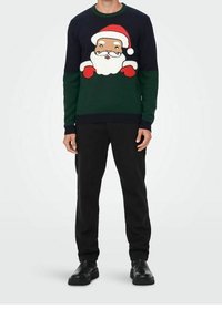 Maglione intrecciato verde e blu navy con una grafica di Babbo Natale, con barba bianca e cappello rosso. Abbinato a pantaloni neri e scarpe.