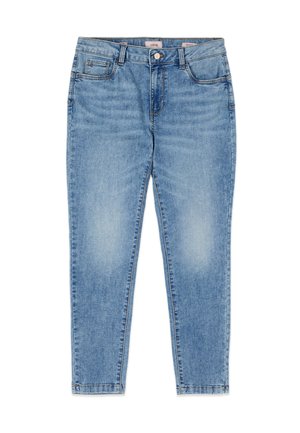 Lichtblauwe denim jeans met een taps toelopende pasvorm, ontwerp met vijf zakken, knoopsluiting en subtiele vervaging op de voorkant van de dijen.