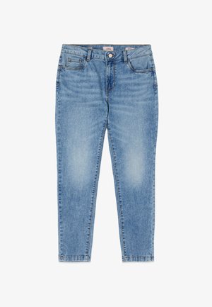 Vaaleansiniset denimi-farkut kapealla leikkauksella, viiden taskun mallilla, napillisella suljennalla ja hienovaraisella haalistuksella etureisissä.