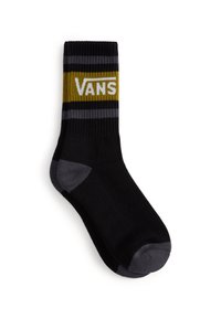 Sort sok med stribede grå accenter og gul band, der har "VANS" skrevet i hvid. Lavet af blødt, fleksibelt materiale for komfort.