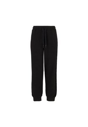 Pantaloni della tuta neri con vita elasticizzata e coulisse, dotati di polsini a coste e un motivo logo verticale sui lati. Tessuto morbido.
