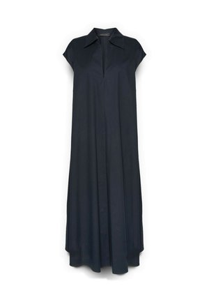 Lang sort kjole med korte kådelignende ærmer, dyb V-udskæring og bred krave, flydende A-formet silhuet, uden synlige mønstre eller pynt.