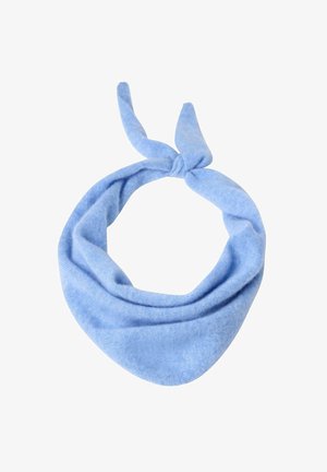 Bandana in cotone azzurro chiaro con forma triangolare, caratterizzata da un dettaglio annodato nella parte superiore e una consistenza morbida su tutta la superficie.