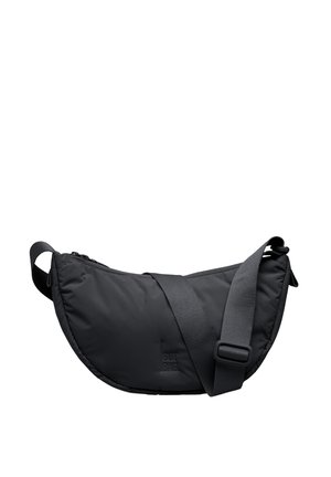 Borsa a tracolla nera a mezzaluna con tracolla regolabile e chiusura lampo, realizzata in tessuto imbottito.