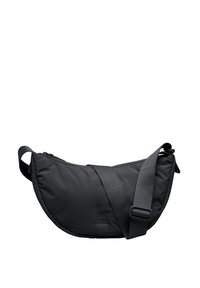 Sort nylon crossover taske med en buet form, lynlås lukning, justerbar skulderrem og præget logo. Glat tekstur med minimalt hardware.
