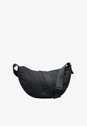 Black nylon crossbody bag with a curved shape, zip closure, adjustable strap, and embossed logo. Smooth texture with minimal hardware.