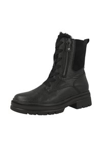 Stivaletti neri in pelle con finitura testurizzata, design con lacci, zip laterale e suola in gomma con battistrada spesso.