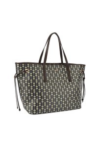 Borsa a tracolla nera con motivo floreale in crema, manici in pelle marrone e dettagli in metallo dorato. Presenta un design spazioso e una chiusura con laccetto.