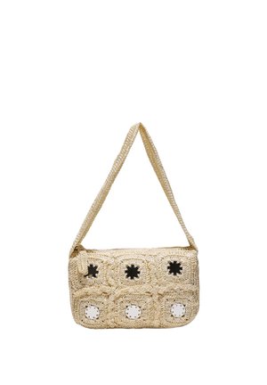 Beżowa, szydełkowana torebka na ramię, z sześcioma kwadratowymi panelami, z których każdy ma okrągłe lusterko w środku.