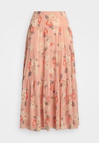 Blomster maxi-skjørt i myk ferskenfarget stoff, med lagdelte lag med store rosa og oransje blomster, og grønne blader. Lett og luftig design.