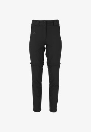 Pantalons d'extérieur noirs avec une poche latérale zippée, une taille à deux boutons, un design de jambe fuselée et des caractéristiques de poignets ajustables. Fabriqués en tissu résistant.