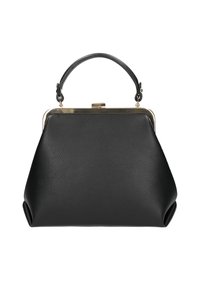 Czarna skórzana torebka o pikowanym kształcie, wyposażona w złoty zamek i uchwyt. Teksturowana powierzchnia i zaokrąglona podstawa podkreślają jej design.