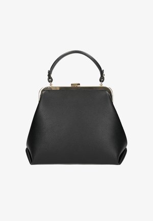 Black leather handbag with a structured shape, featuring a gold clasp and handle. Textured surface and rounded base enhance its design.