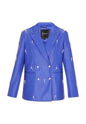 Blauwe neplederen blazer met dubbelgebouwde sluiting. Heeft parelversieringen, scherp uitgesneden revers en klepzakken. Maat S.