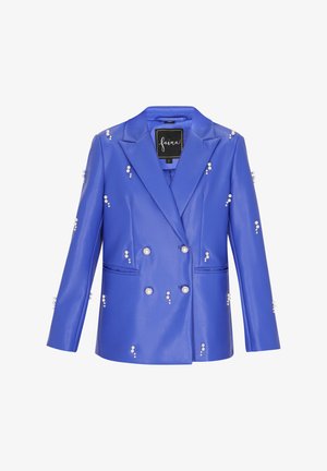 Blazer in ecopelle blu con design doppiopetto. Presenta decorazioni in perle, rever a lancia e tasche a pattina. Taglia S.