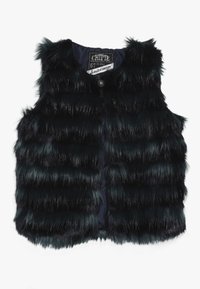 Czarna kamizelka z futra syntetycznego o teksturowanym paskowanym wzorze, bez rękawów, z okrągłym dekoltem i pojedynczym zapięciem na guzik.