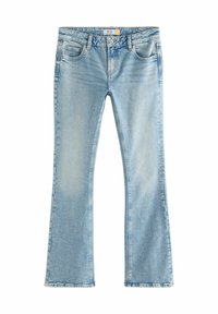 Vaaleansiniset leveälahkeiset farkut, jotka on valmistettu denim-kankaasta. Niissä on etutaskut, napillinen vetskari ja hienovarainen haalistuminen tekstuurin tuomiseksi. Siistit helmat ja klassinen muotoilu.