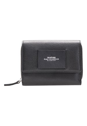 Black leather wallet with a textured surface, zip closure, and a front patch displaying "MAITRE Finest Leathergoods."