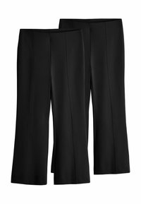 Dos pares de pantalones negros de pierna recta con cintura elástica y detalles de costura en la parte delantera, mostrados sobre un fondo blanco.