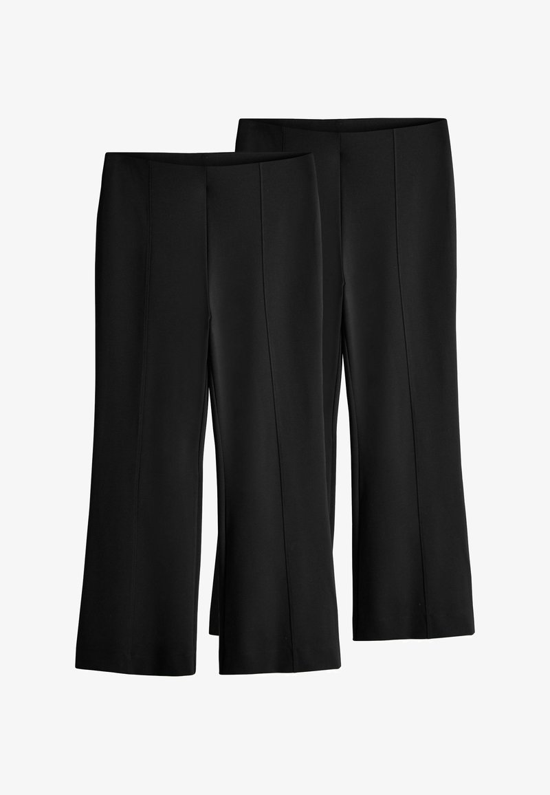 Dos pares de pantalones negros de pierna recta con cintura elástica y detalles de costura en la parte delantera, mostrados sobre un fondo blanco.