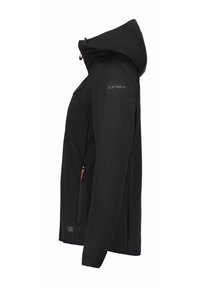 Sort softshell jakke med hætte, lynlåslomme på siden og logo-detail på skulderen. Glat tekstur med en tætsiddende design.