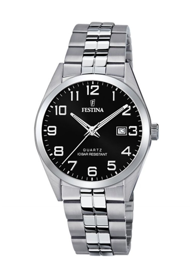 Montre en acier inoxydable argenté avec un cadran rond noir, de grands chiffres blancs, un mouvement à quartz et un affichage de la date à 3 heures.