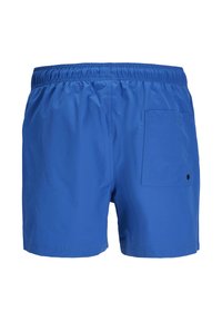 Blauwe zwemboxers met een elastische tailleband, een achterzak en een gladde, lichte stof. Eenvoudig ontwerp met strakke lijnen.